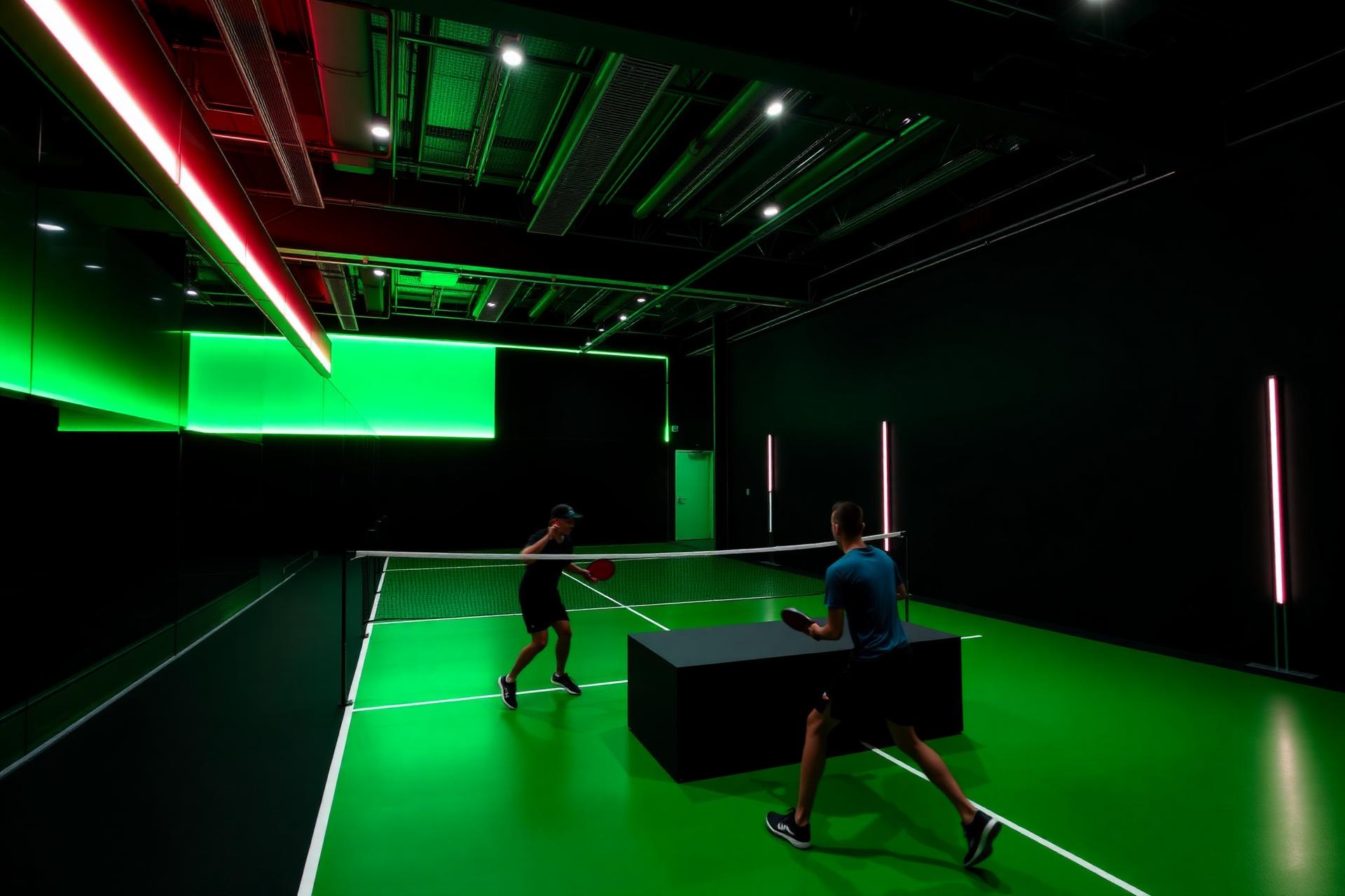 DINKERS indoor pickleball lounge with neon green courts